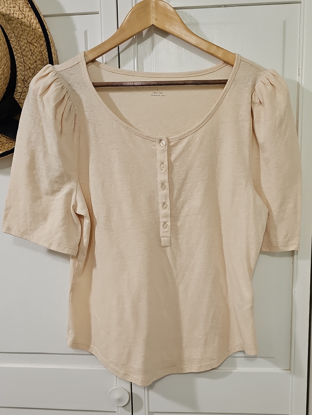 Anthropologie Short-Sleeve Puff Henley Tee in Light Cream